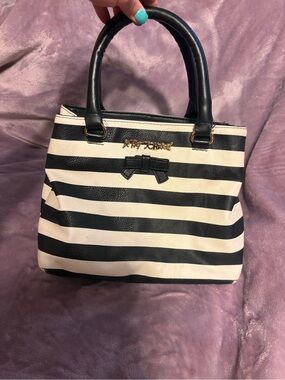 Betsey Johnson Black & White Striped Top-Handle Satchel with Bow